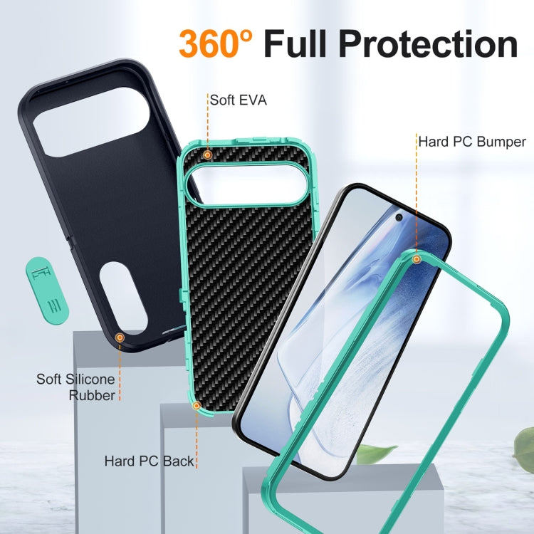 For Google Pixel 9 Rugged PC + Silicone Phone Case with Holder(Dark Blue+Light Green)