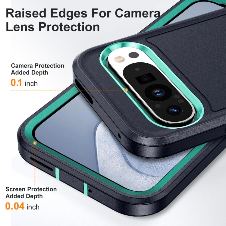 For Google Pixel 9 Rugged PC + Silicone Phone Case with Holder(Dark Blue+Light Green)
