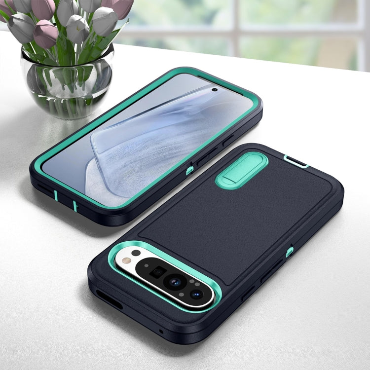 For Google Pixel 9 Rugged PC + Silicone Phone Case with Holder(Dark Blue+Light Green)