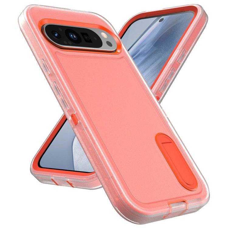 For Google Pixel 9 Rugged PC + Silicone Phone Case with Holder(Transparent+Orange)