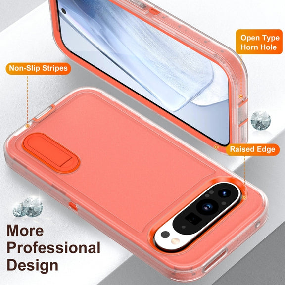 For Google Pixel 9 Rugged PC + Silicone Phone Case with Holder(Transparent+Orange)