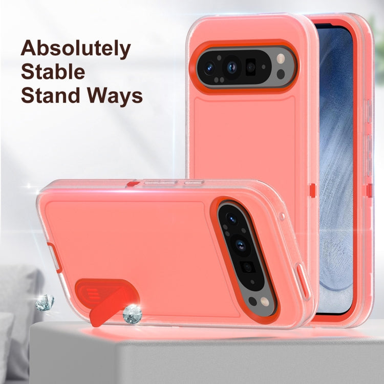 For Google Pixel 9 Rugged PC + Silicone Phone Case with Holder(Transparent+Orange)