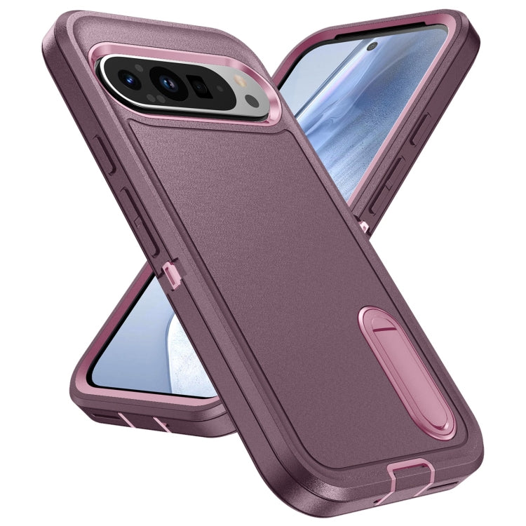 For Google Pixel 9 Rugged PC + Silicone Phone Case with Holder(Purple+Pink)