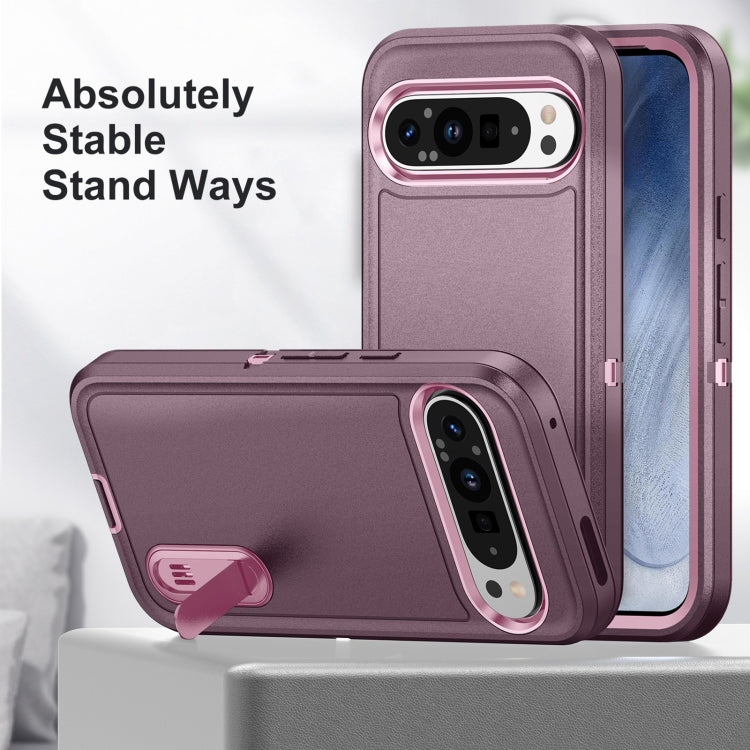 For Google Pixel 9 Rugged PC + Silicone Phone Case with Holder(Purple+Pink)