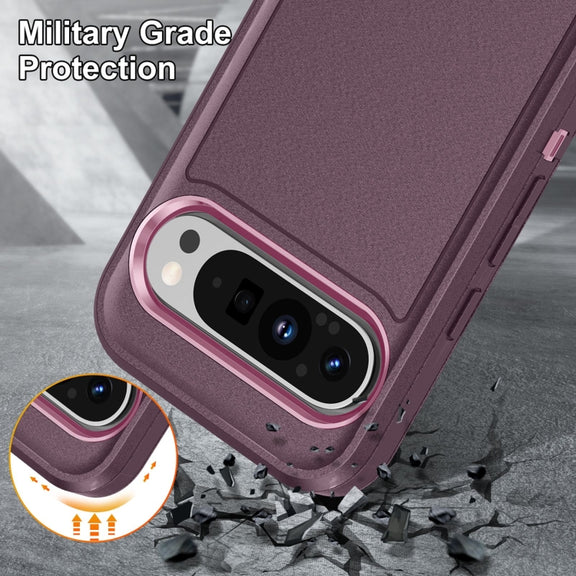 For Google Pixel 9 Rugged PC + Silicone Phone Case with Holder(Purple+Pink)