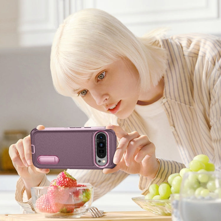 For Google Pixel 9 Rugged PC + Silicone Phone Case with Holder(Purple+Pink)