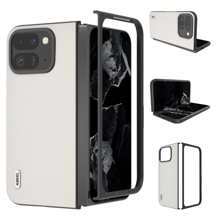 For Google Pixel 9 Pro Fold ABEEL Genuine Leather Elegant Black Edge Phone Case(White)