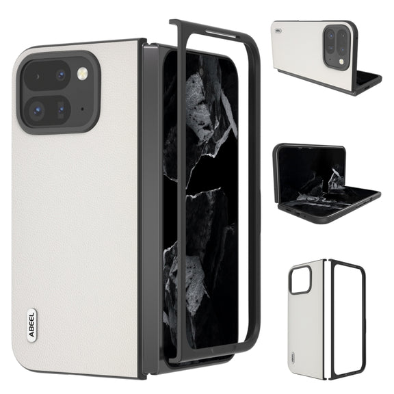 For Google Pixel 9 Pro Fold ABEEL Genuine Leather Elegant Black Edge Phone Case(White)