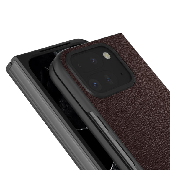 For Google Pixel 9 Pro Fold ABEEL Genuine Leather Elegant Black Edge Phone Case(Coffee)