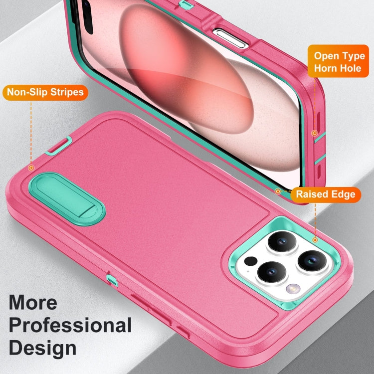 For iPhone 16 Pro Max Rugged PC + Silicone Phone Case with Holder(Rose Red+Light Green)