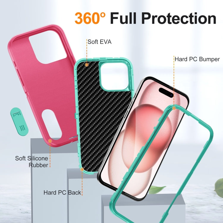 For iPhone 16 Pro Max Rugged PC + Silicone Phone Case with Holder(Rose Red+Light Green)