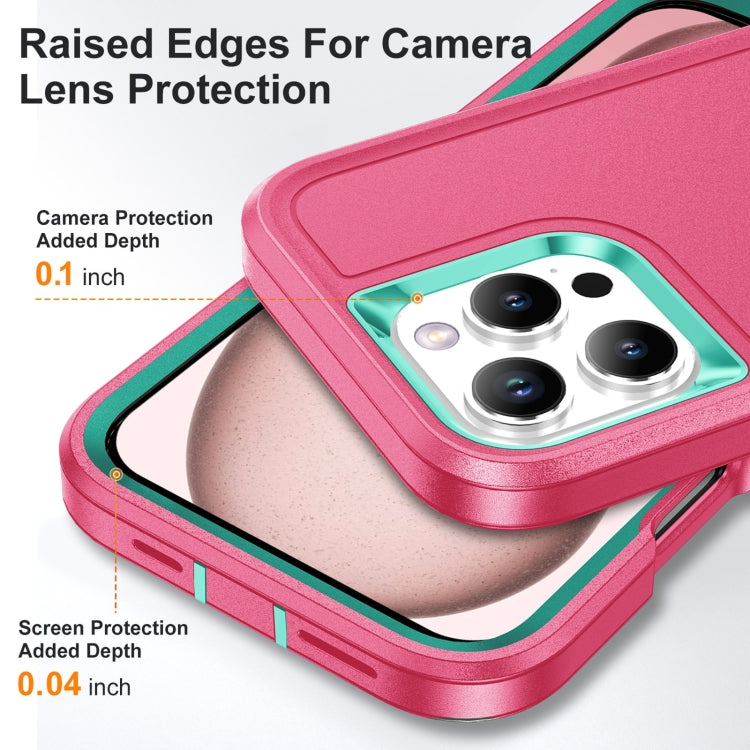 For iPhone 16 Pro Max Rugged PC + Silicone Phone Case with Holder(Rose Red+Light Green)