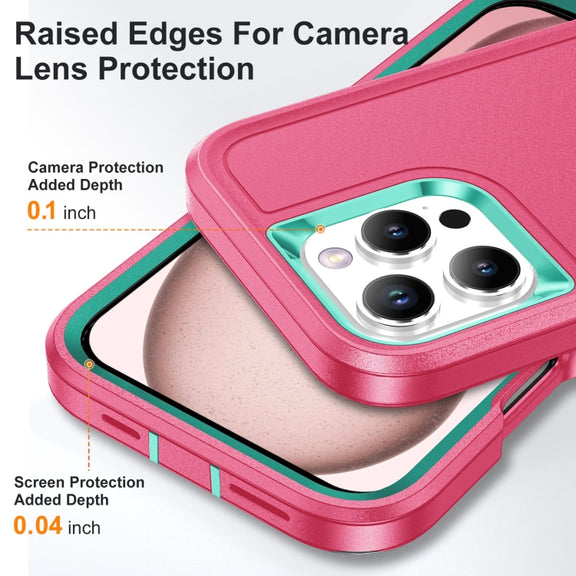 For iPhone 16 Pro Max Rugged PC + Silicone Phone Case with Holder(Rose Red+Light Green)