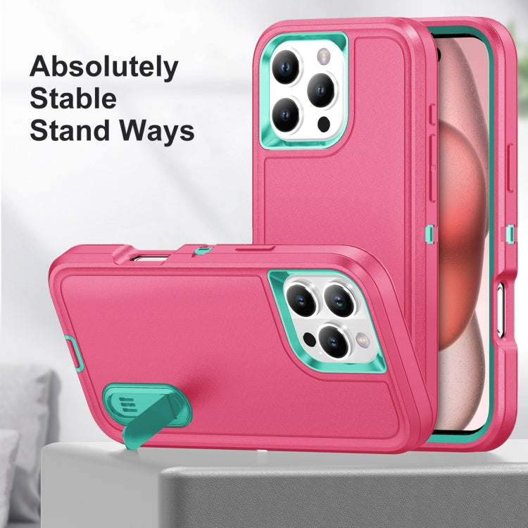 For iPhone 16 Pro Max Rugged PC + Silicone Phone Case with Holder(Rose Red+Light Green)