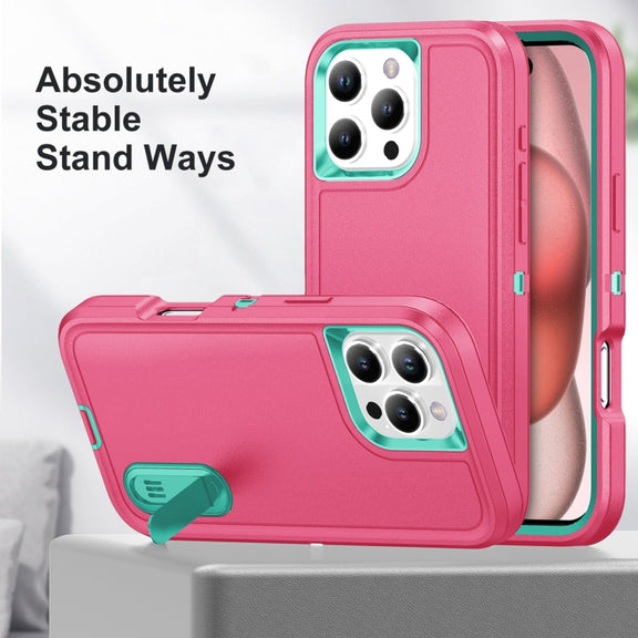 For iPhone 16 Pro Max Rugged PC + Silicone Phone Case with Holder(Rose Red+Light Green)