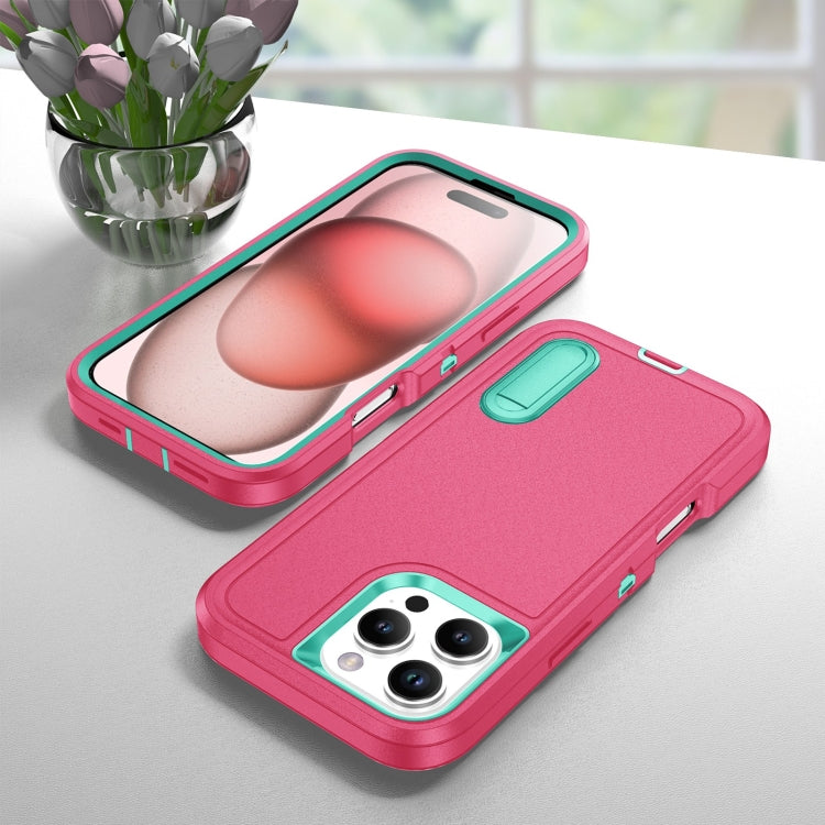 For iPhone 16 Pro Max Rugged PC + Silicone Phone Case with Holder(Rose Red+Light Green)