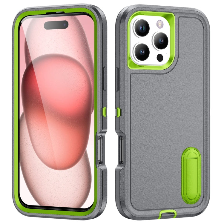 For iPhone 16 Pro Rugged PC + Silicone Phone Case with Holder(Grey+Fresh Green)