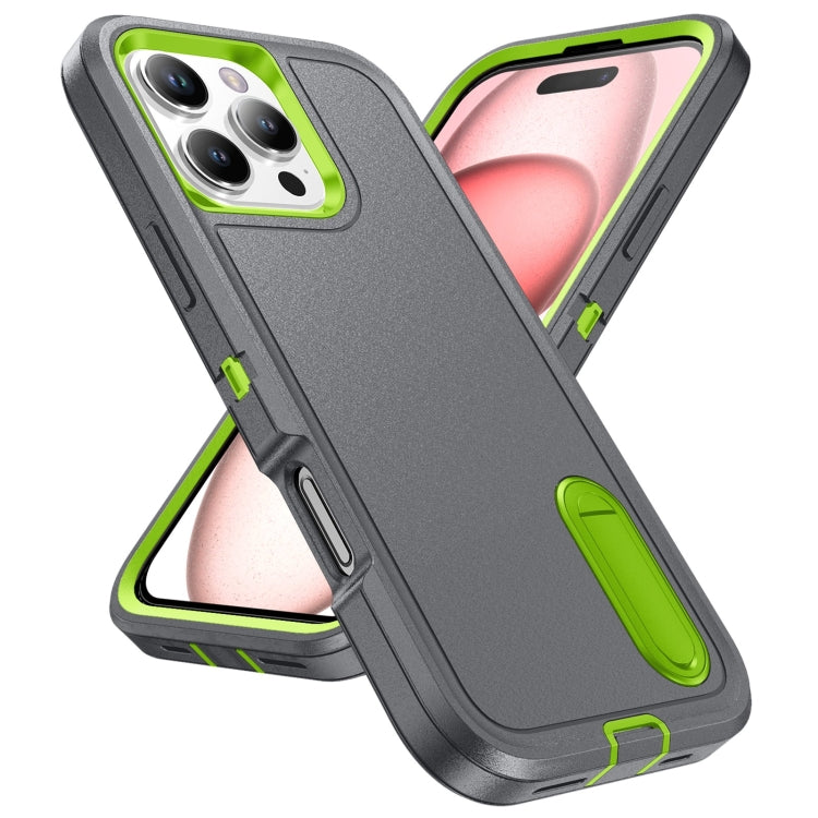 For iPhone 16 Pro Rugged PC + Silicone Phone Case with Holder(Grey+Fresh Green)