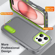 For iPhone 16 Pro Rugged PC + Silicone Phone Case with Holder(Grey+Fresh Green)