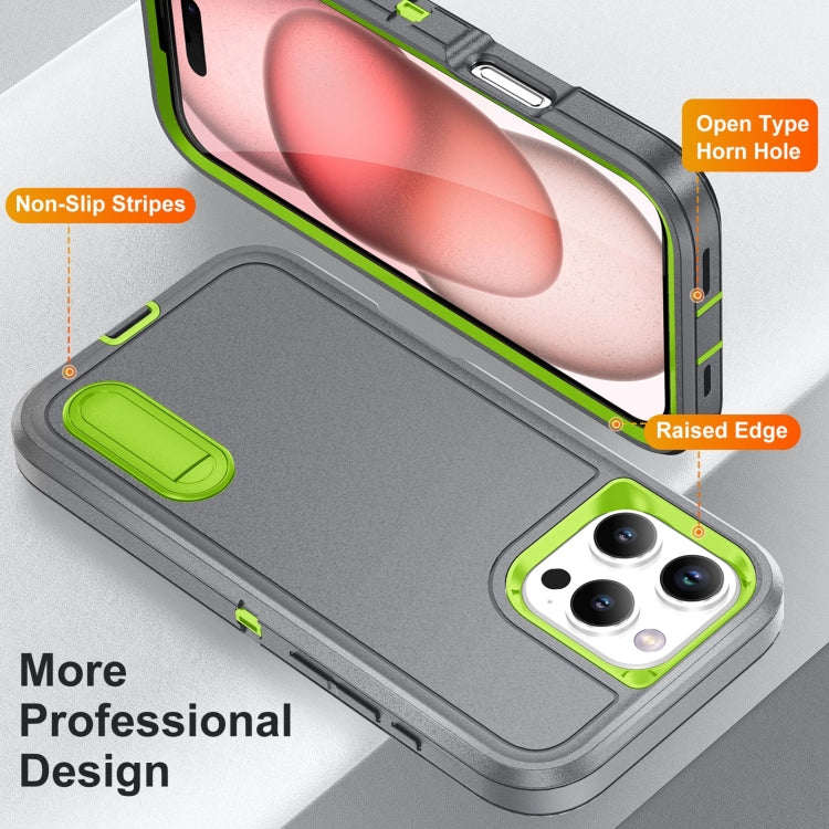 For iPhone 16 Pro Rugged PC + Silicone Phone Case with Holder(Grey+Fresh Green)