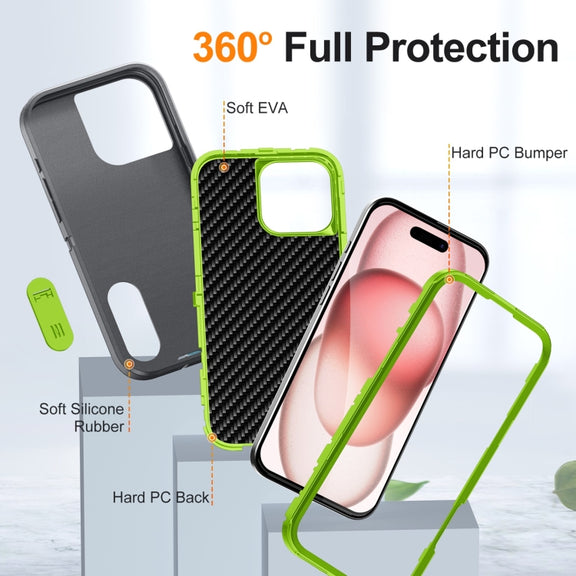For iPhone 16 Pro Rugged PC + Silicone Phone Case with Holder(Grey+Fresh Green)