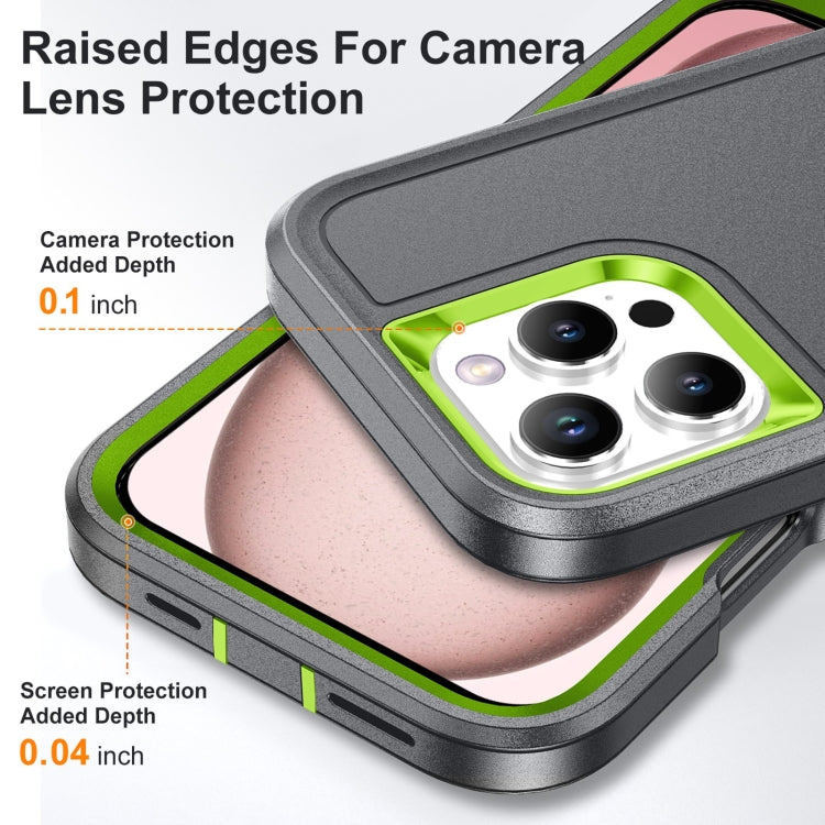 For iPhone 16 Pro Rugged PC + Silicone Phone Case with Holder(Grey+Fresh Green)