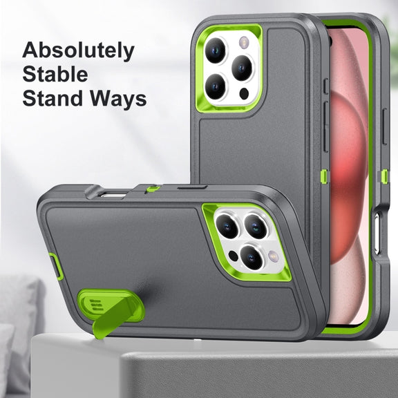 For iPhone 16 Pro Rugged PC + Silicone Phone Case with Holder(Grey+Fresh Green)