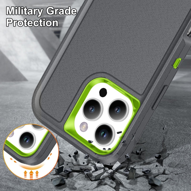 For iPhone 16 Pro Rugged PC + Silicone Phone Case with Holder(Grey+Fresh Green)