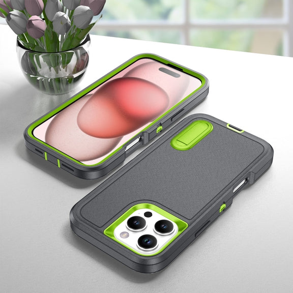 For iPhone 16 Pro Rugged PC + Silicone Phone Case with Holder(Grey+Fresh Green)