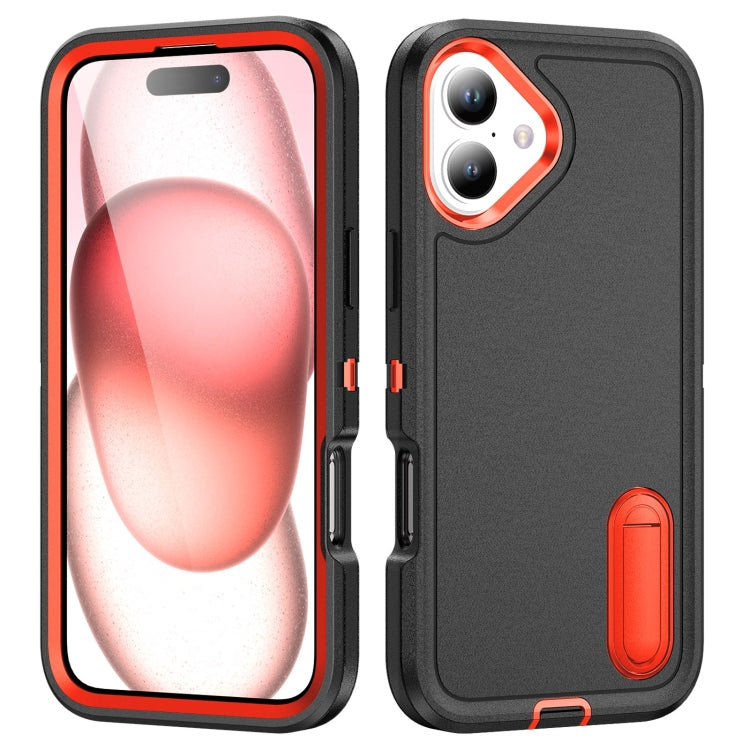 For iPhone 16 Plus Rugged PC + Silicone Phone Case with Holder(Black+Orange)