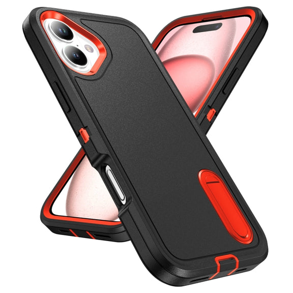 For iPhone 16 Plus Rugged PC + Silicone Phone Case with Holder(Black+Orange)