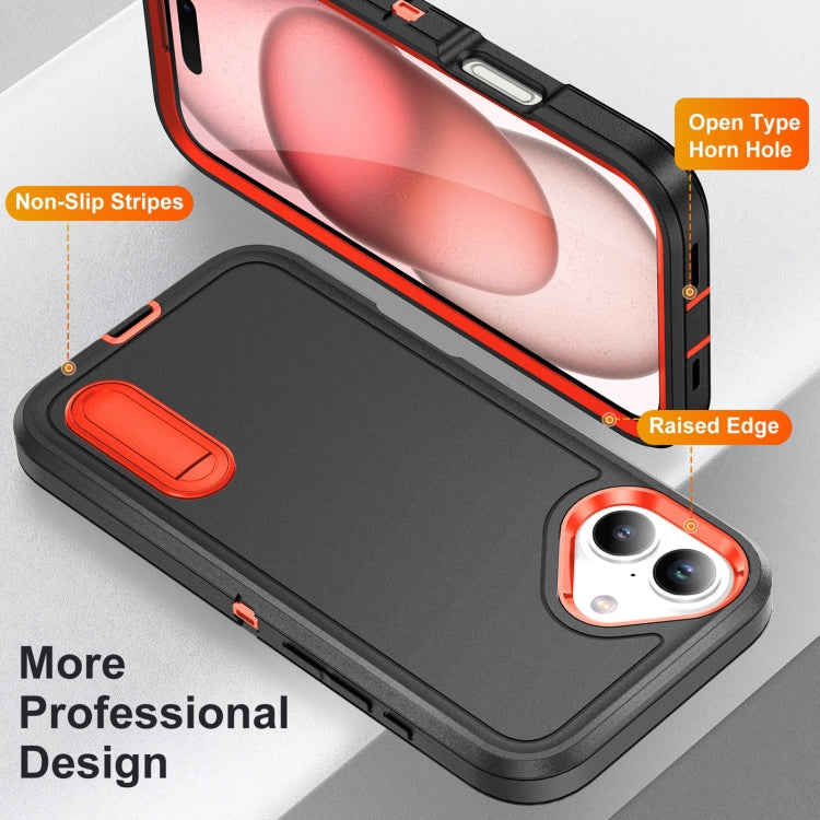 For iPhone 16 Plus Rugged PC + Silicone Phone Case with Holder(Black+Orange)