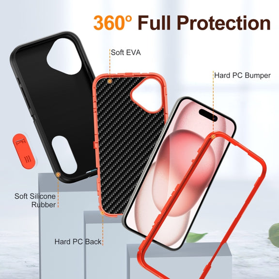 For iPhone 16 Plus Rugged PC + Silicone Phone Case with Holder(Black+Orange)