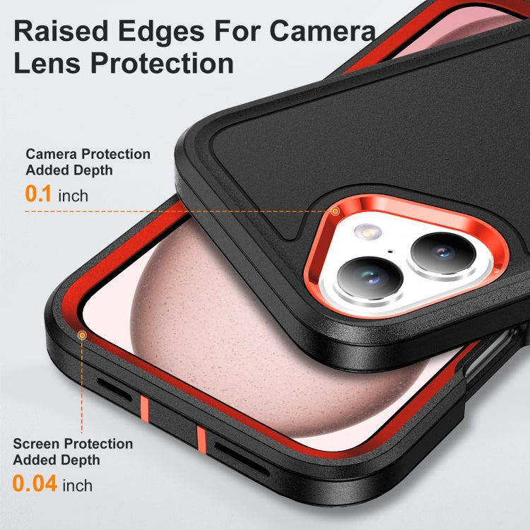 For iPhone 16 Plus Rugged PC + Silicone Phone Case with Holder(Black+Orange)