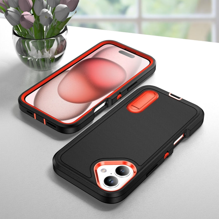 For iPhone 16 Plus Rugged PC + Silicone Phone Case with Holder(Black+Orange)