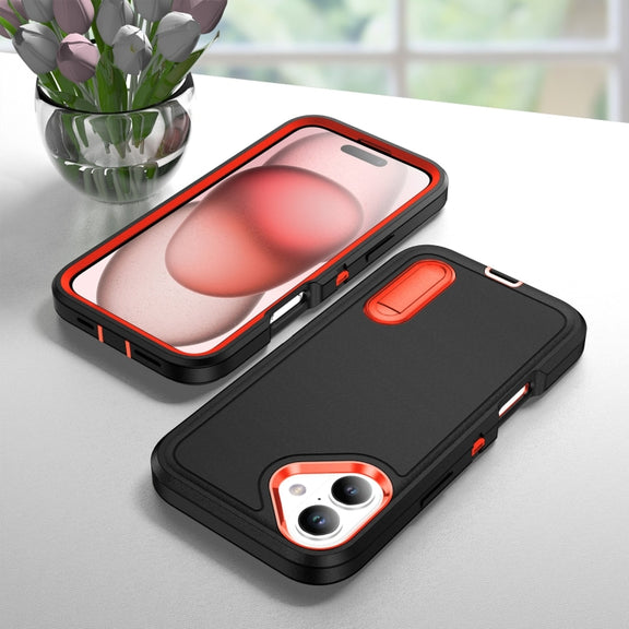 For iPhone 16 Plus Rugged PC + Silicone Phone Case with Holder(Black+Orange)