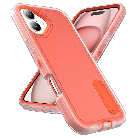 For iPhone 16 Rugged PC + Silicone Phone Case with Holder(Transparent+Orange)