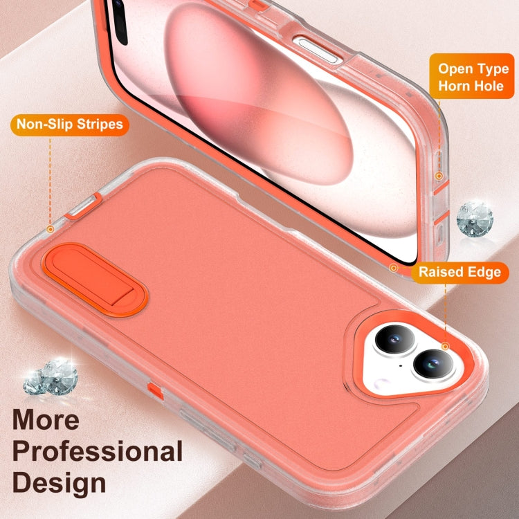 For iPhone 16 Rugged PC + Silicone Phone Case with Holder(Transparent+Orange)