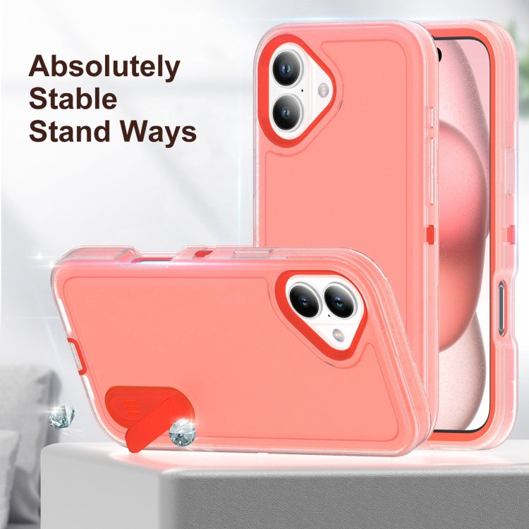 For iPhone 16 Rugged PC + Silicone Phone Case with Holder(Transparent+Orange)
