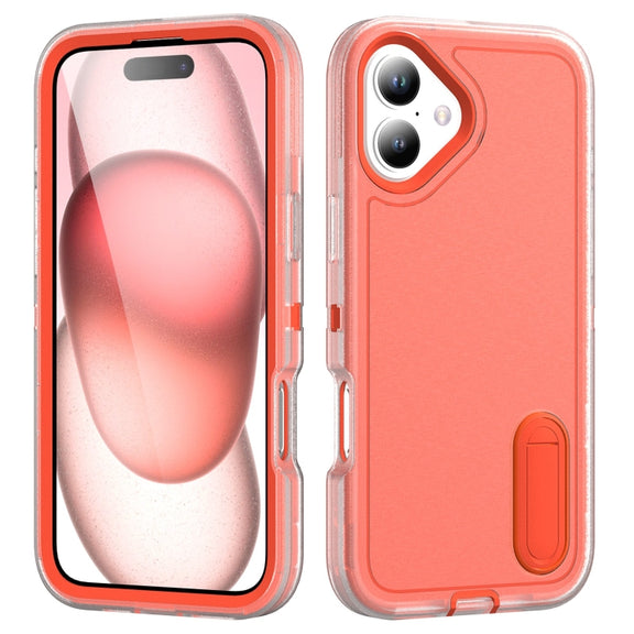 For iPhone 16 Rugged PC + Silicone Phone Case with Holder(Transparent+Orange)
