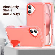 For iPhone 16 Rugged PC + Silicone Phone Case with Holder(Transparent+Orange)