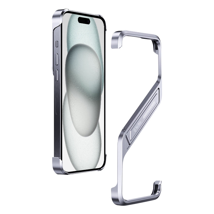 For iPhone 15 S-shaped Stand Frameless Metal Phone Case(Silver)