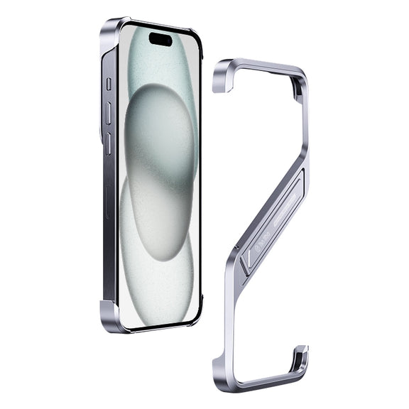 For iPhone 15 S-shaped Stand Frameless Metal Phone Case(Silver)