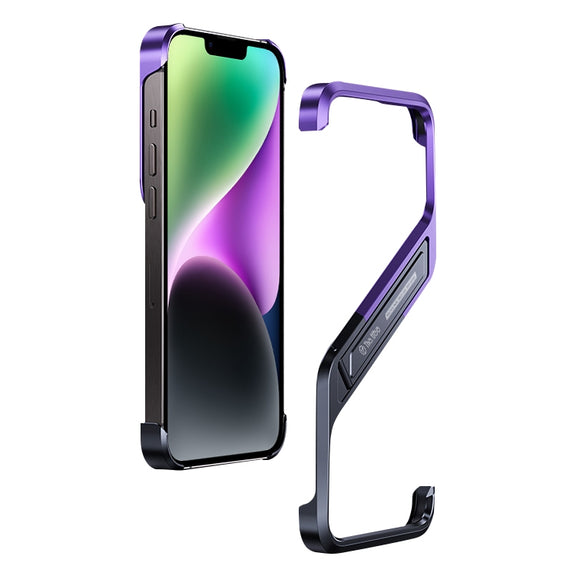 For iPhone 14 S-shaped Stand Frameless Metal Phone Case(Black Purple)