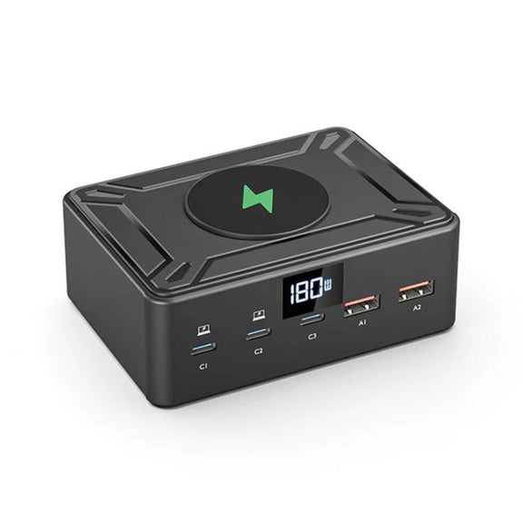 190W LED Display 3 x Type-C + 2 x USB Multi Ports Charger Support QI Wireless Charging(EU Plug)