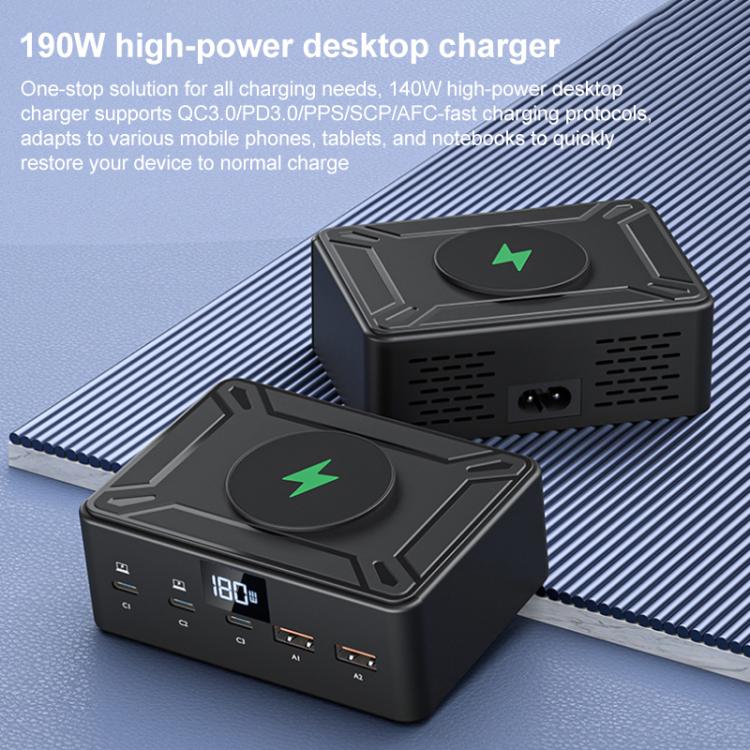 190W LED Display 3 x Type-C + 2 x USB Multi Ports Charger Support QI Wireless Charging(EU Plug)