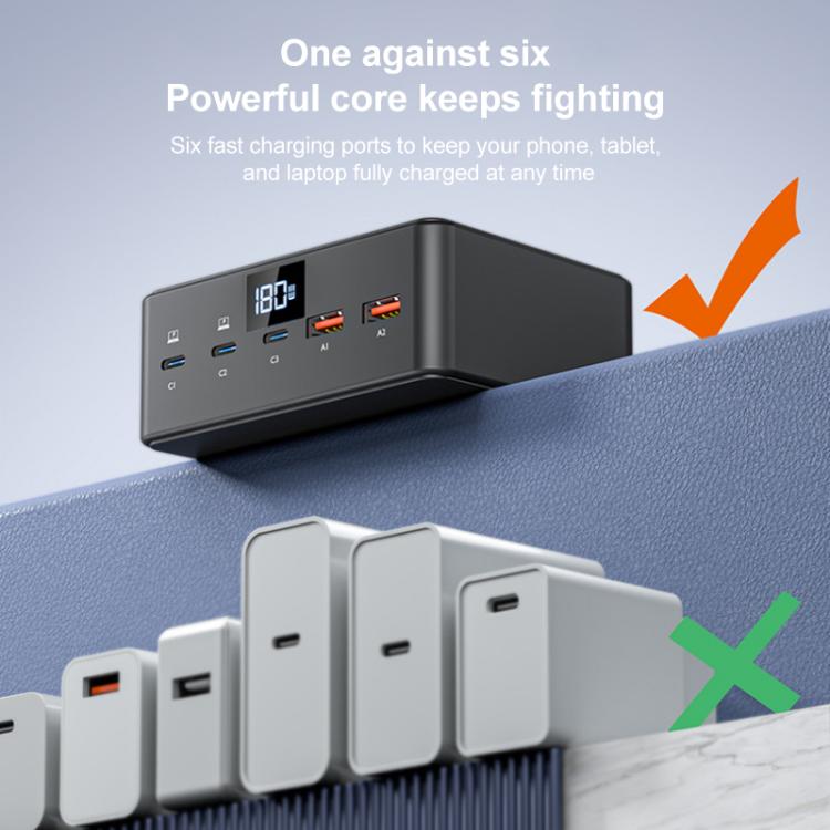 190W LED Display 3 x Type-C + 2 x USB Multi Ports Charger Support QI Wireless Charging(EU Plug)
