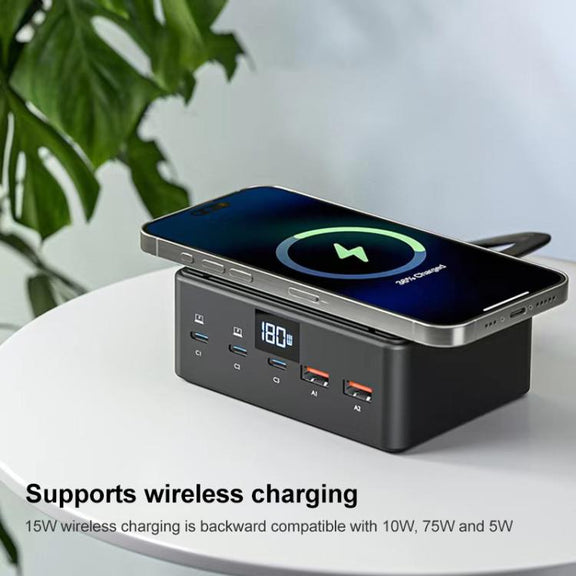 190W LED Display 3 x Type-C + 2 x USB Multi Ports Charger Support QI Wireless Charging(EU Plug)