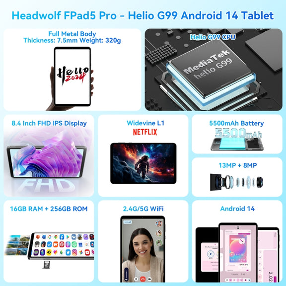 HEADWOLF Fpad5 Pro 4G LTE Tablet PC, 8GB+256GB, 8.4 inch Android 14 MT6789 Octa Core Support Dual SIM, Global Version with Google Play(Black)