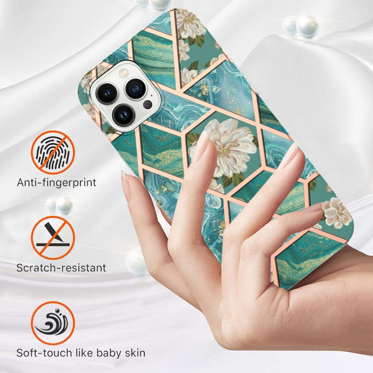 For iPhone 16 Pro Max Splicing Marble Flower IMD TPU Phone Case(Blue Flower)